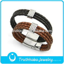 Pulsera de cuero trenzado de triple envoltura para hombre Acero inoxidable Cierre magnético Brazalete de cuero Último brazalete de diseño para hombres